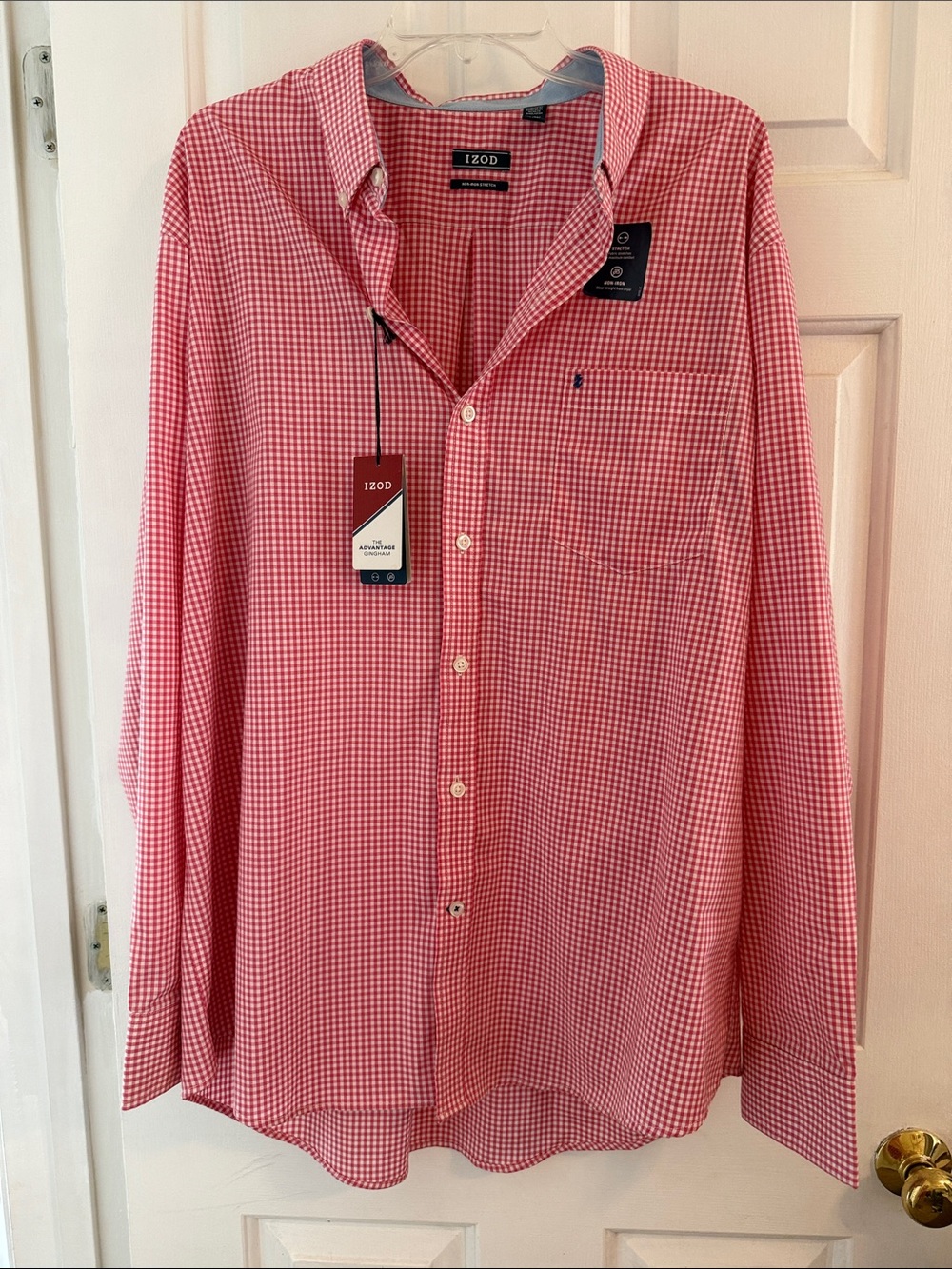 NWT Izod Men's Red and White Gingham Button-Down Shirt, XL, Non-iron Stretch